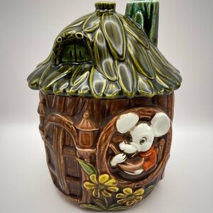 Vintage, 2 pc, Ceramic, Glazed/Cold Painted, Cookie Jar, Sticker. Made In Japan